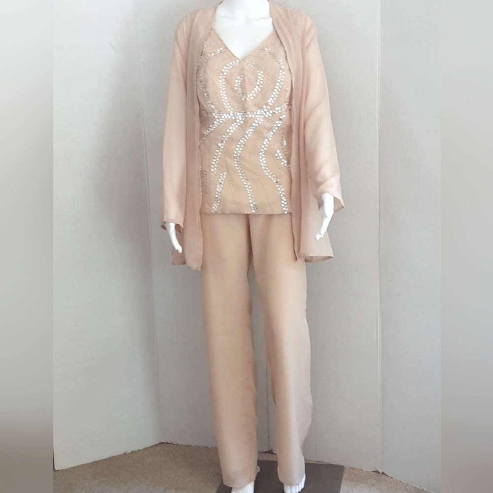 LT LanTing Champagne Chiffon 3 Pc Mother of the Bride Sequin Pantsuit Sz XL NWT